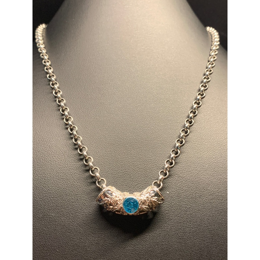 Silver Tone Filigree Blue Crystal Necklace and Stud Earring Jewelry Set 18in